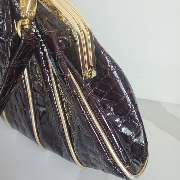 Vintage Brown Croc Evening Bag Clutch Bejewelled Clasp Optional Long Strap - Picture 4 of 12